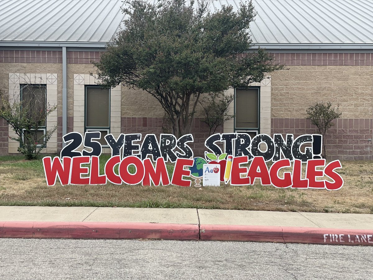 NISDMyers's tweet photo. It’s the best feeling to drive up to our school and see Eagle spirit!  Thank you @rdjusmc for the wonderful welcome!  25Years of Soaring Success! ❤️🦅💙 https://t.co/psb5AxKiMx