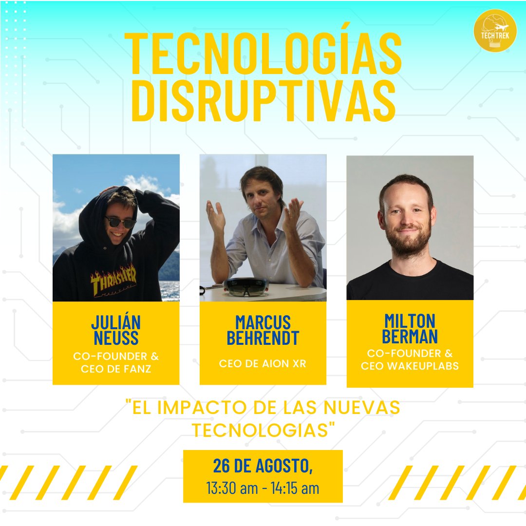 techtrekAR's tweet photo. Estamos muy contentos de anunciar nuestro panel de tecnologías disruptivas con los cracks de @julianjneuss,  @MarcusBehrendt y @0xMilton.

🎉Tech Trek Fest 🎉
📍Centro Metropolitano de Diseño (Algarrobo 1041, C.A.B.A.)
🗓Viernes 26 de agosto
🎟Podés inscribirte en @fanzevents🎟 https://t.co/9aj5rGsYeK