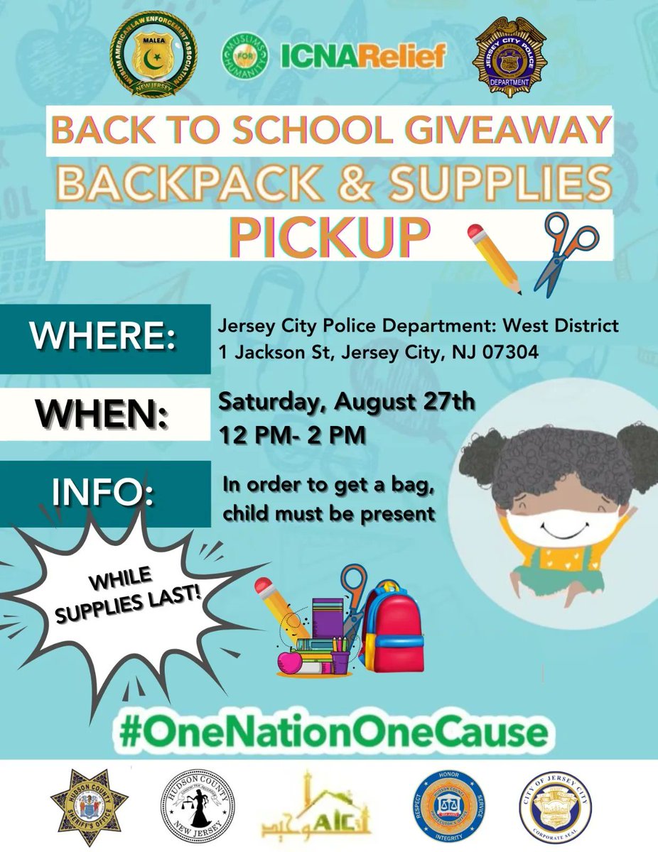 JerseyCity's tweet photo. JCPD is teaming up w/ @ICNARelief & #MALEANJ for the annual Back to School Giveaway! On August 27th, 12 - 2pm, families who need backpacks and school supplies for children can visit the JCPD’s West District. It is first come, first serve while supplies last. #OneNationOneCause https://t.co/dnYvX9rWK5
