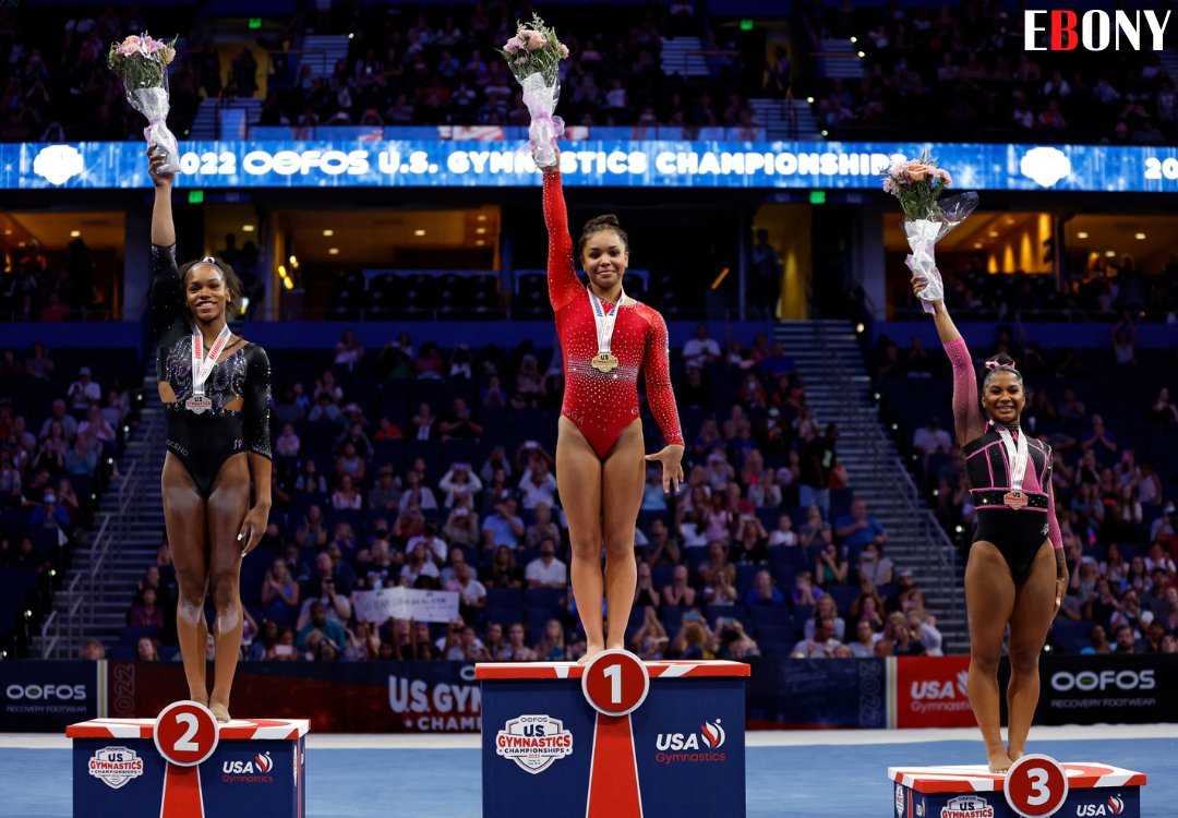 EBONY's tweet photo. These THREE young Black women just made HERstory as the first black women to fill the podium last night at the US Gymnastics Championships!! Congratulations Konnor McClain, Shilese Jones, and Jordan Chiles! #EBONY #BlackExcellence https://t.co/CBu2D7jF8J