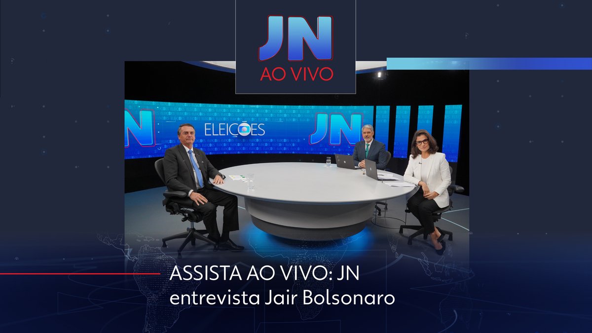 jornalnacional's tweet photo. Boa noite. Nesta segunda-feira (22), o #JN começa com a entrevista do candidato à Presidência da República @jairbolsonaro (PL). ASSISTA: https://t.co/pH6933zHn4 #JornalNacional #BolsonaroNoJN #Eleições https://t.co/UEFtJYh6X6