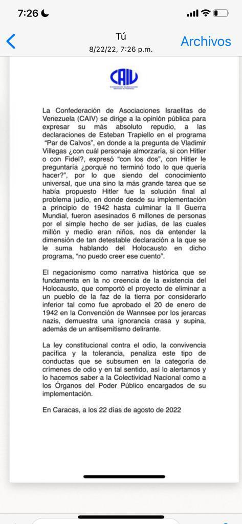 Comunicado de la Caiv en relación a las declaraciones de Esteban Trapiello en el programa Par de Calvos del domingo 21 de Agosto 2022.