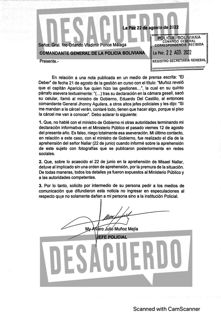 DesacuerdoTv's tweet photo. El mayor Álvaro Julio Muñoz Mejía, exjefe del Grupo de Inteligencia y Operaciones Especiales (#GIOE) de la #Felcn que detuvo a #MisaelNallar, niega haberse contactado con el Ministro de Gobierno, tal como se publicó en algunos medios.
#Desacuerdo #DeUltimo https://t.co/cm7TVloI6U