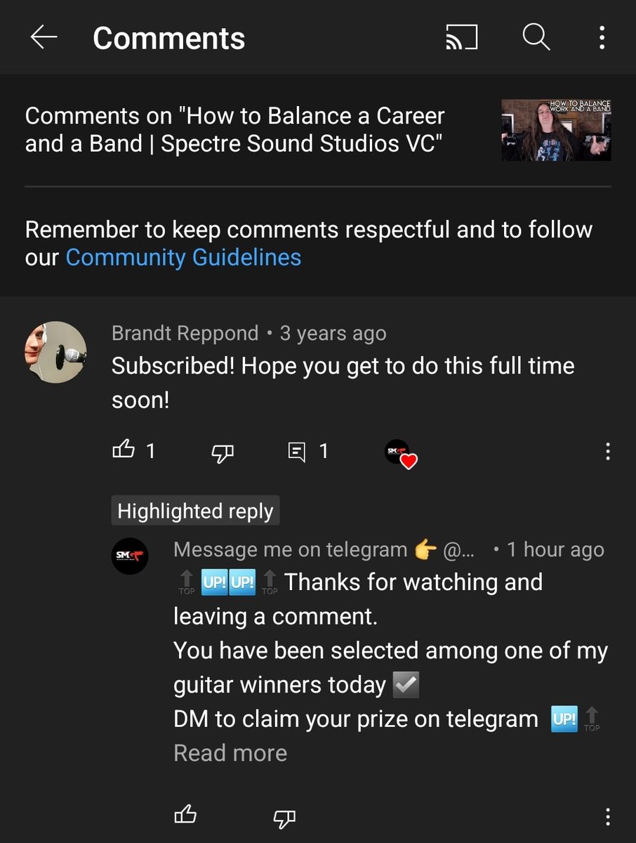 BrandtReppond's tweet photo. @SpectreMG I received this response to a comment I made on your channel 3 years ago. It sounds scammt so I wanted to bring it up. I love your channel and your vibe man. Thanks for your hard work https://t.co/e26rnQvcxO