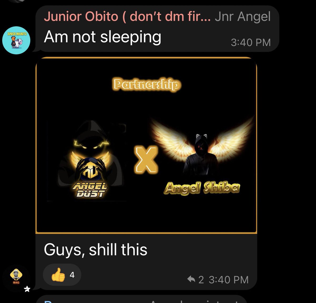 dogdad's tweet photo. Angel Dust has no such partnership with this token. They have pinned this in their group.

If they already lying on day 1 NGMI… https://t.co/WgSvbNrRB0