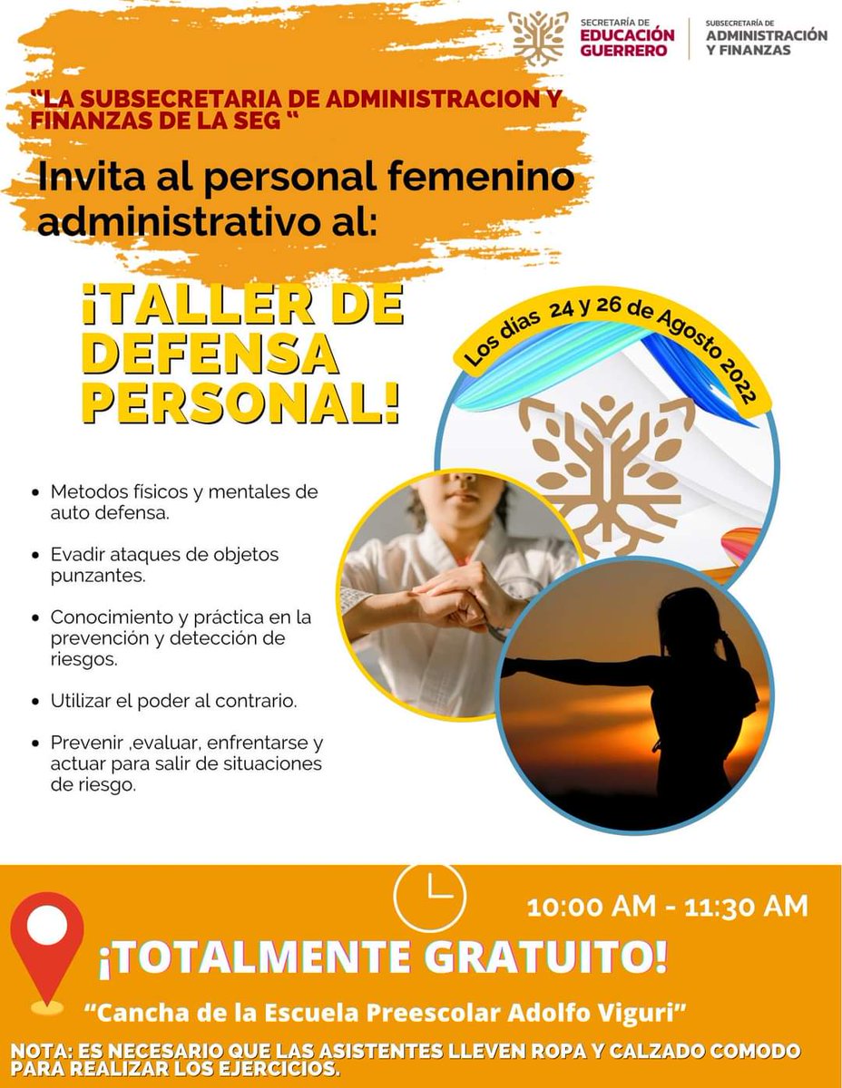 EducGuerrero's tweet photo. 🥋👊#Taller| Eres mujer #PAAEB de la SEG y te interesa aprender defensa personal, esta información es para ti.
Taller de defensa personal.
🗓️24 y 26 de agosto.
⏱️De 10:00 a 11:30 am.
⚠️Cupo limitado
🏫 Cancha de la Escuela Normal "Adolfo Viguri", Chilpancingo. https://t.co/0cUcKSacMJ