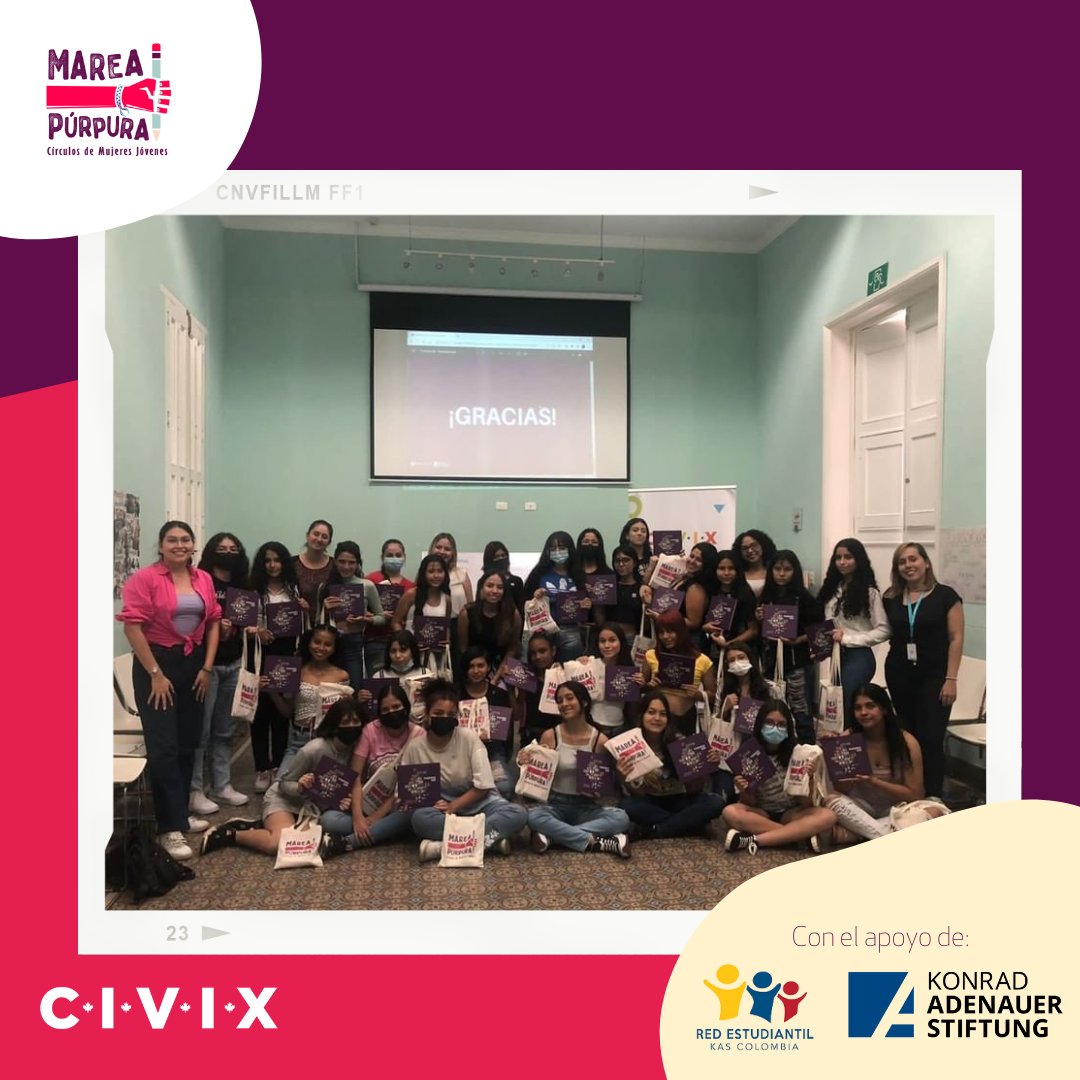 Civix_Colombia's tweet photo. Vivimos la primera sesión de #MareaPúrpura llena de liderazgo y sororidad.✨

De la mano de @kas_colombia las jóvenes del programa tuvieron conversaciones poderosas con las mujeres co-editoras del libro “Podemos Ser: mujeres jóvenes influyentes en la política colombiana”💜🇨🇴 https://t.co/mYyb5vCB5u
