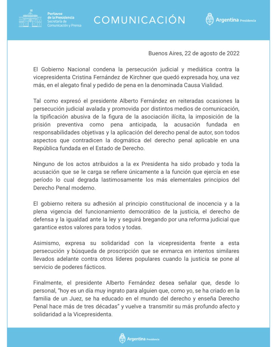 Repudio la persecución judicial contra la vicepresidenta, <a href="/CFKArgentina/">Cristina Kirchner</a>, utilizando el sistema judicial para estigmatizarla.
 #TodosConCristima