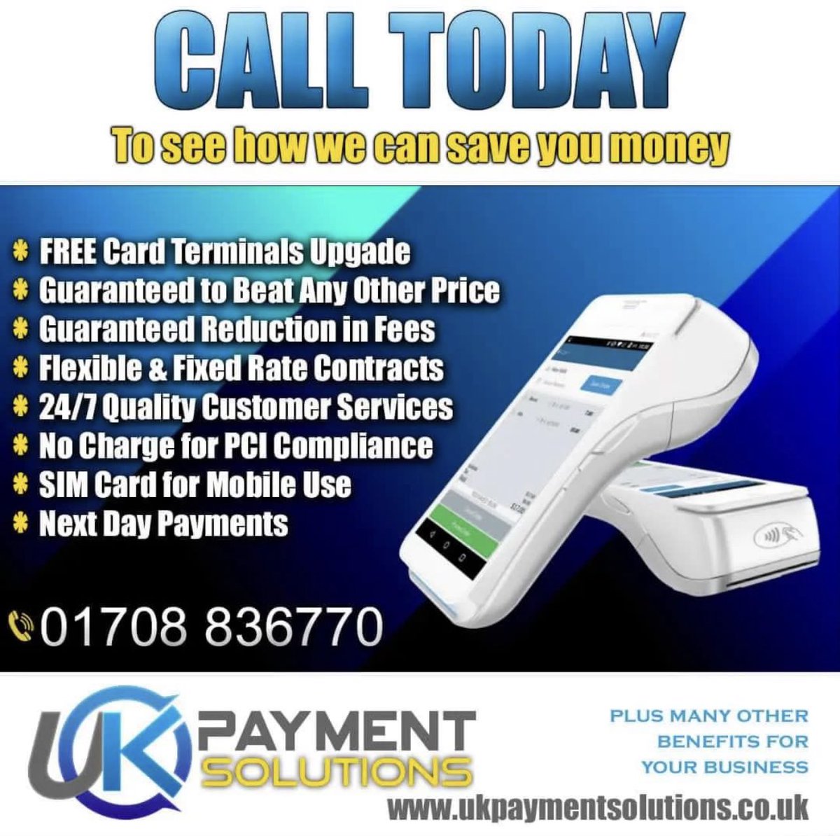 Guaranteed to beat any rates for all your card payment transaction fee's plus upgrade your existing equipment to the latest technology available, And provide the best possible customer service too.

follow us on:
Instagram - uk_payments_solutions 
Facebook- uk payment solutions