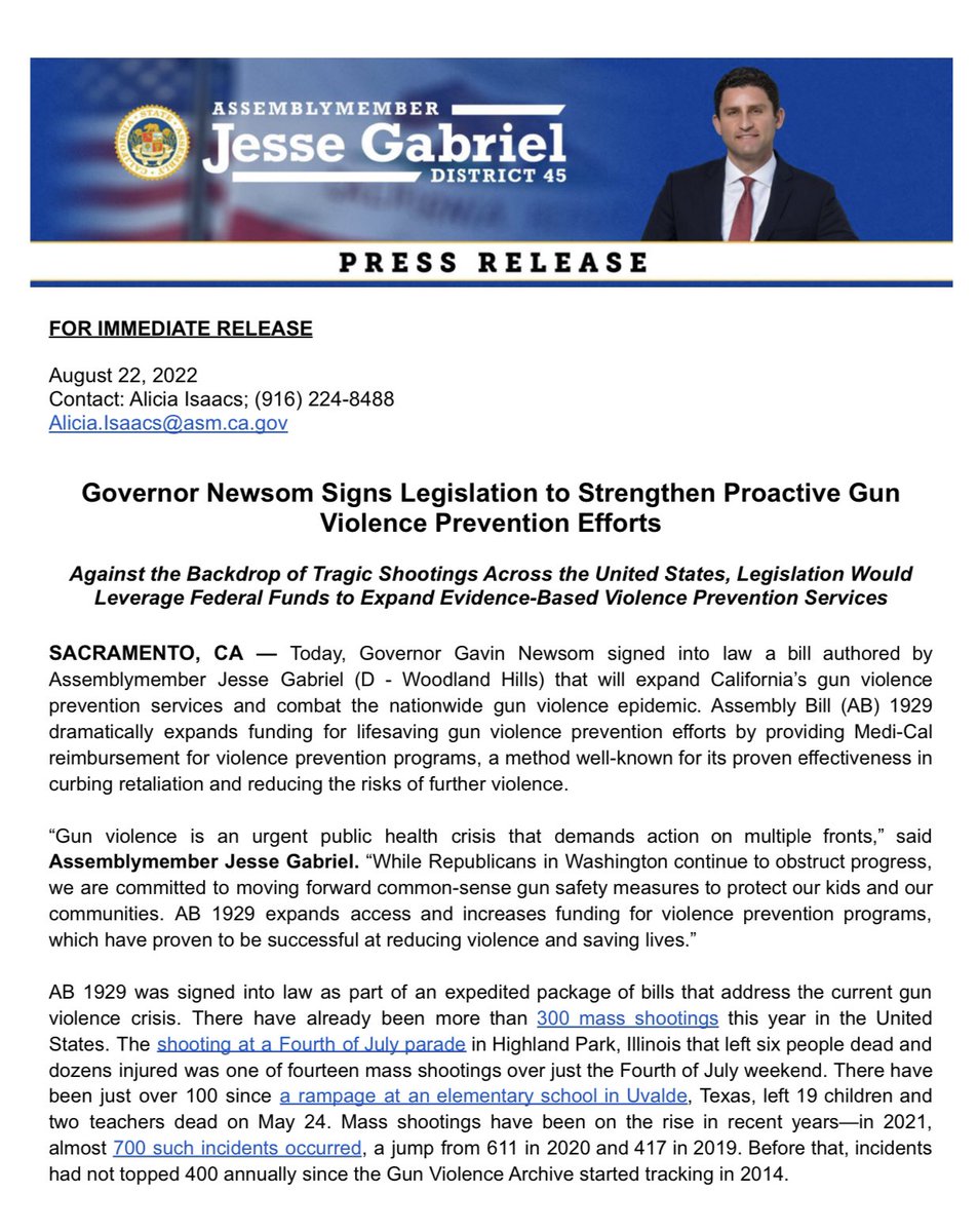 AsmJesseGabriel's tweet photo. Our bill to prevent gun violence is now the law! #AB1929 leverages federal $ to fund programs that stop the cycle of gun violence in our communities. Thank you @YouthALIVE510 @TheHAVI @GiffordsCourage for your work & @MomsDemand @Everytown @bradybuzz for your activism & support! https://t.co/o0OEfrLVGk