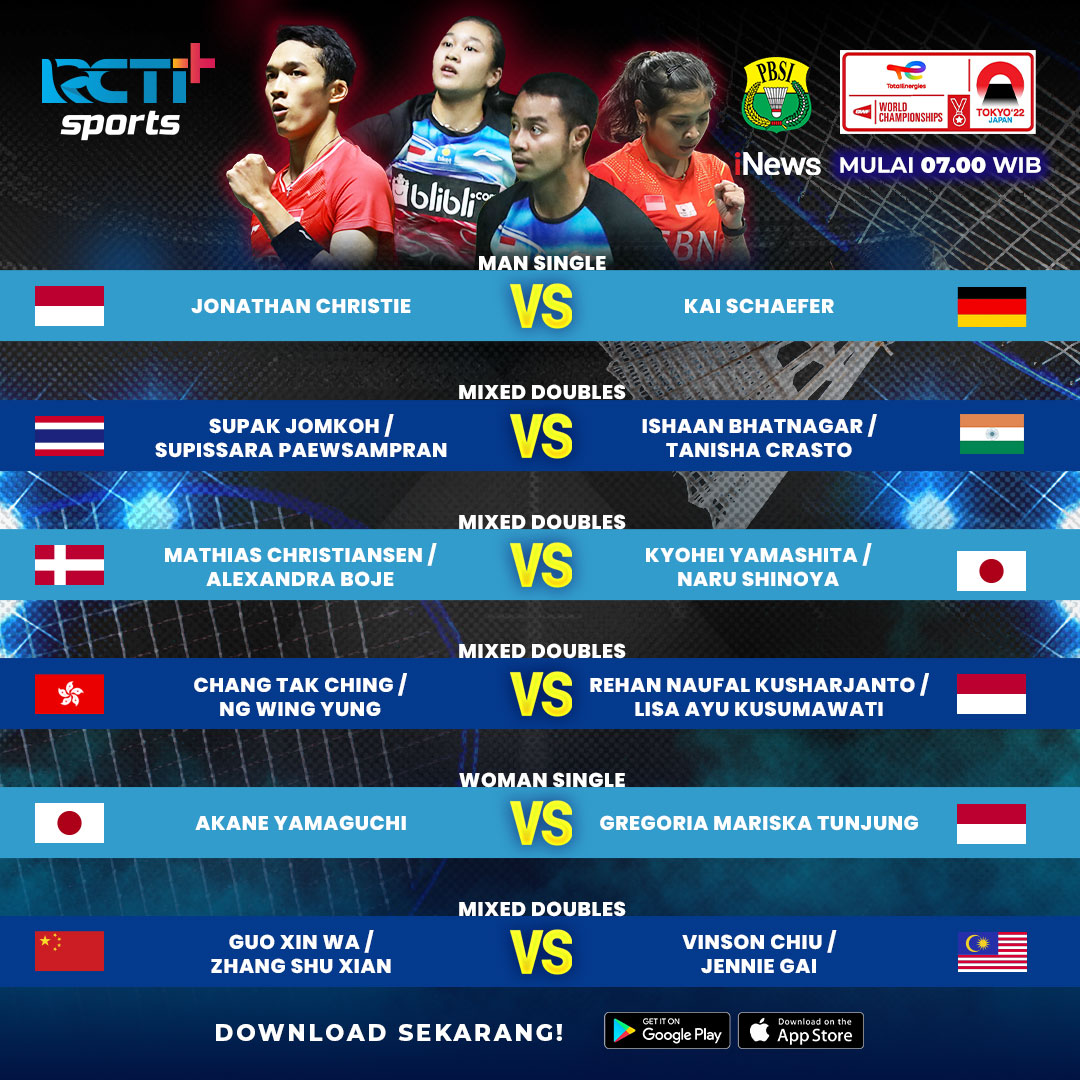 Hari ke-2 #BWFWorldChampionships menyajikan pertandingan-pertandingan seru. Dukung juga atlet Indonesia yang bertanding!

🗓️ Selasa, 23 Agustus 2022
⏱ mulai 07.00 WIB
🔗 rcti.plus/7rPDLj

Live streaming di RCTI+

#BWC2022 #RCTIPlusSports