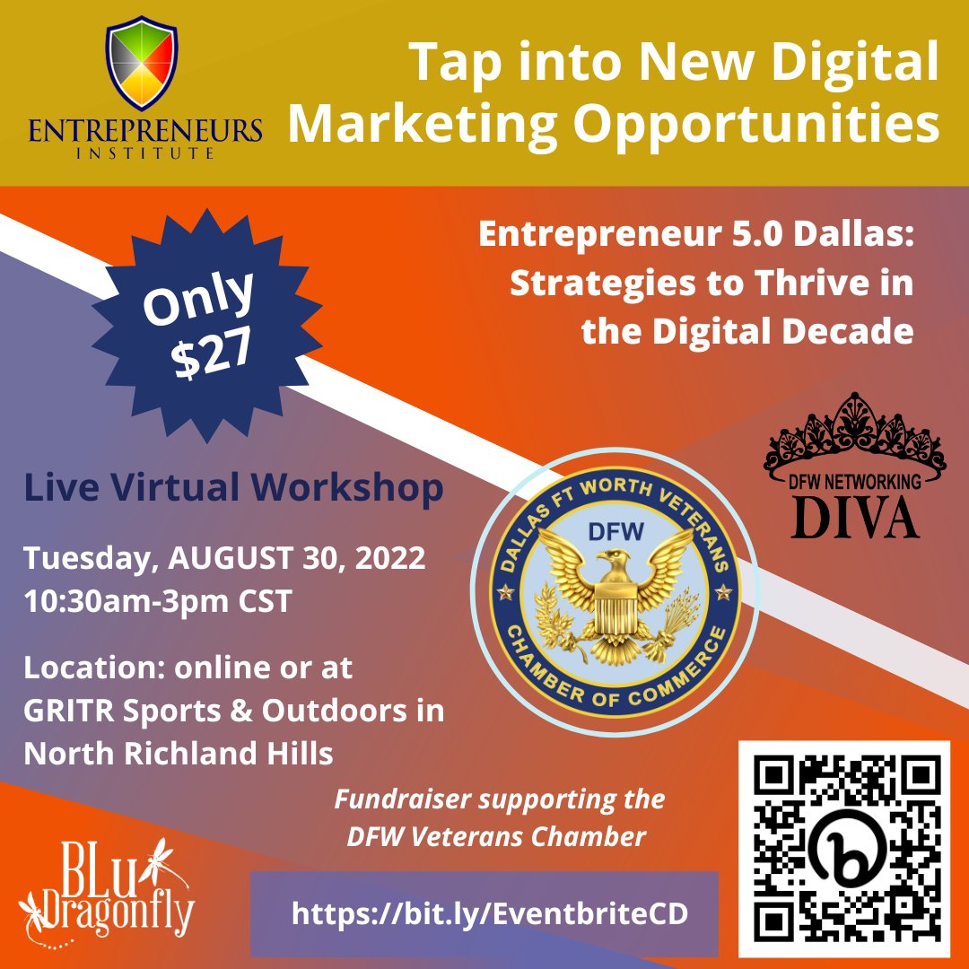 TheVetChamber's tweet photo. 🌟 Tap into New Digital Marketing Opportunities 🌟 in this Live Virtual Workshop by Roger Hamilton and Entrepreneurs Institute on Tuesday, August 30, 2022 at 10:30am-3pm CST. Watch online or meet up in person at GRITR Sports &amp; Outdoors in North https://t.co/YcJ0EsQIjH[...] https://t.co/szXHDBwqVR