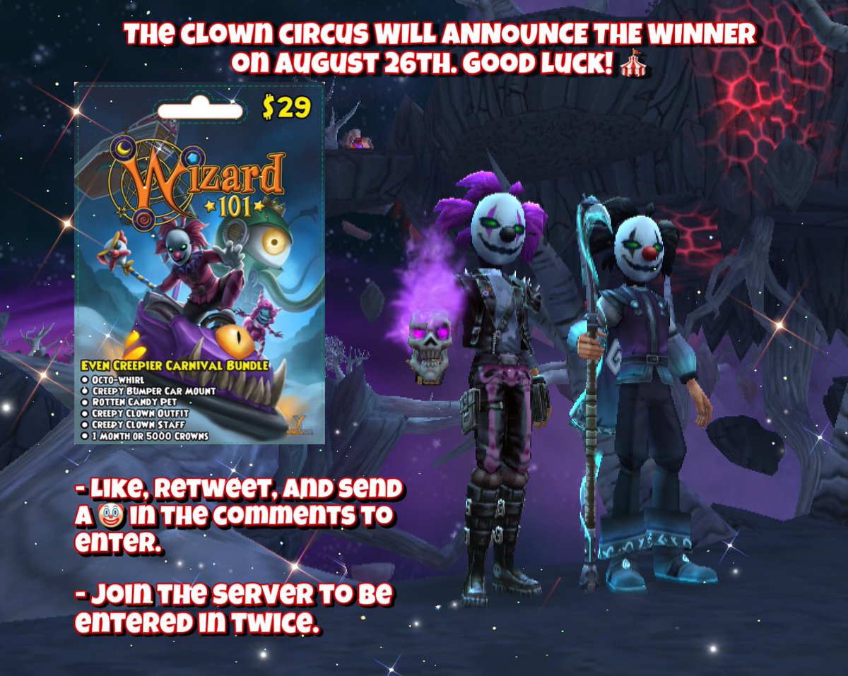 saffron1267's tweet photo. We’re back again and now hosting an Even Creepier Carnival bundle. All you have to do is like, retweet, and post a 🤡 in the comments. Giveaway ends on the 26th of August. Good luck everyone! #wizard101 @Wizard101 https://t.co/dRWh0iuToQ