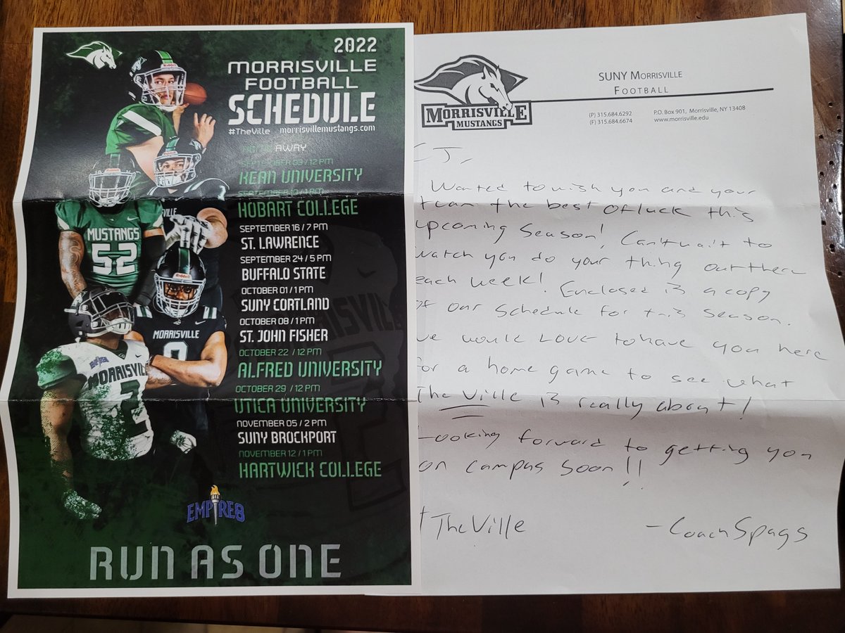 Appreciate the personal letter and invitation for a game day visit <a href="/MvilleMustangFB/">SUNY Morrisville Football</a>.  Thanks to <a href="/CoachSpags4/">Raffaele Spagnola</a> for looking out for me.  Looking forward to seeing how things are done at #TheVille.  <a href="/BRHSPantherFB/">BRHSPantherFB</a> #ToughSmartRelentless
