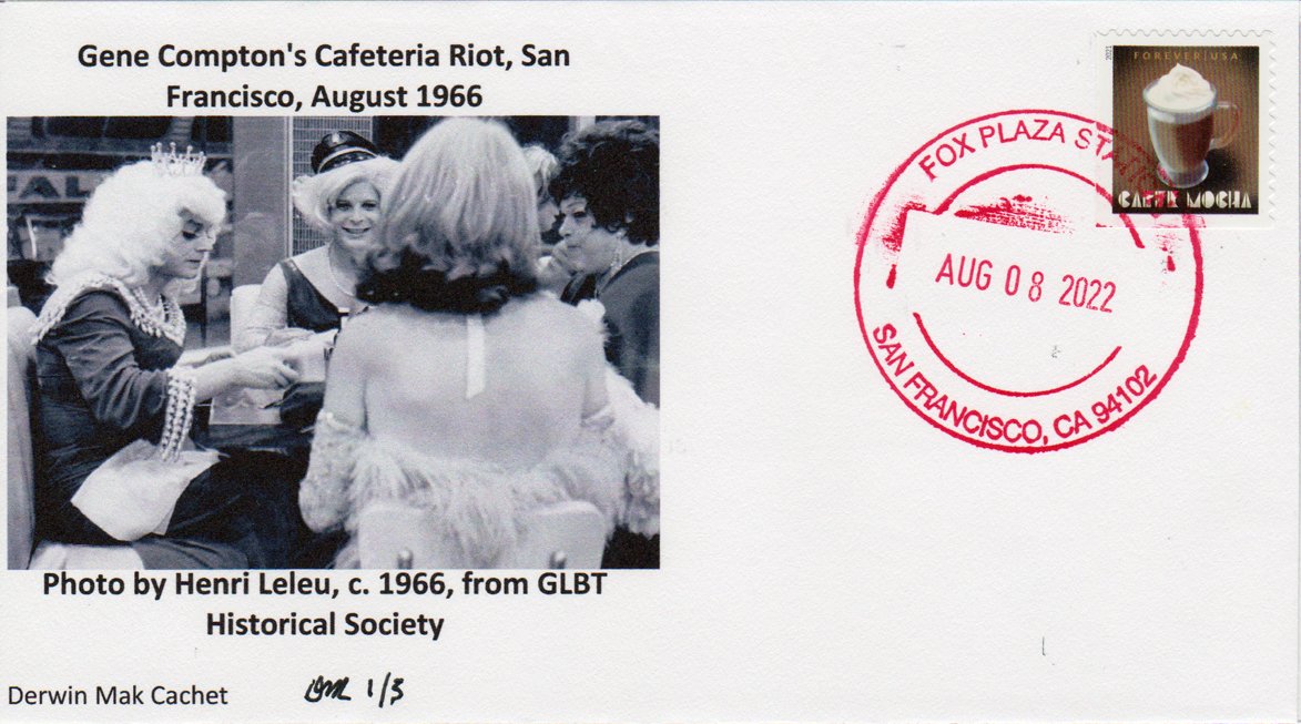 Stamp collection: cover for Compton's cafeteria's riot. Police regularly went to Gene Compton's Cafeteria to arrest drag queens &amp; transgender women for crossdressing. A drag queen or a transgender woman threw coffee at a police officer who tried to arrest her.