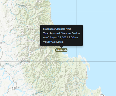 TyphoonTCX's tweet photo. As Severe Tropical Storm #MaOn (#FloritaPH) continues to inch closer to landfall, sea level pressure in #Maconacon in #Isabela has now dipped down to 992.52  hPa as of this moment, as recorded by an AWS. Ma-on is now over the coastal waters of #Palanan.

#tropics #wxtwitter https://t.co/oNh3fNW7o3