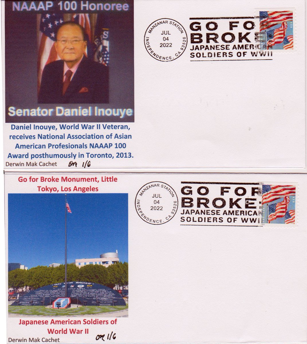 Stamp collection: my covers for Manzanar Stn., Independence, CA cancel celebrating Japanese American soldiers of WWWII.