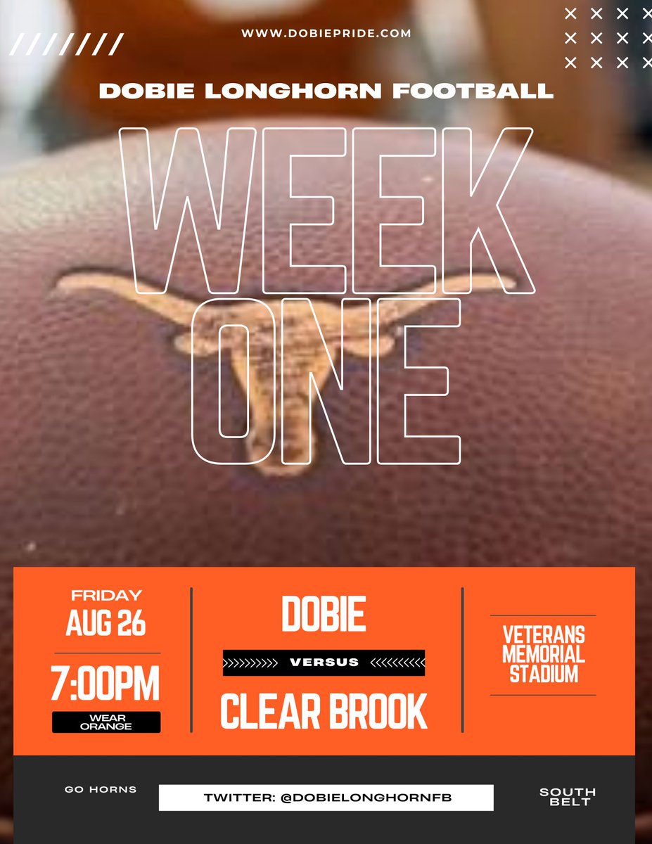 Week One is here! Friday Night Lights vs Clear Brook. Be Early, Be Loud, Wear Orange. #Longhorns #dobie #thsfb #jfd #weekone <a href="/dobie_jf/">JF Dobie Football - Booster Club</a> <a href="/RecruitDobieFB/">Dobie Football Recruiting</a>