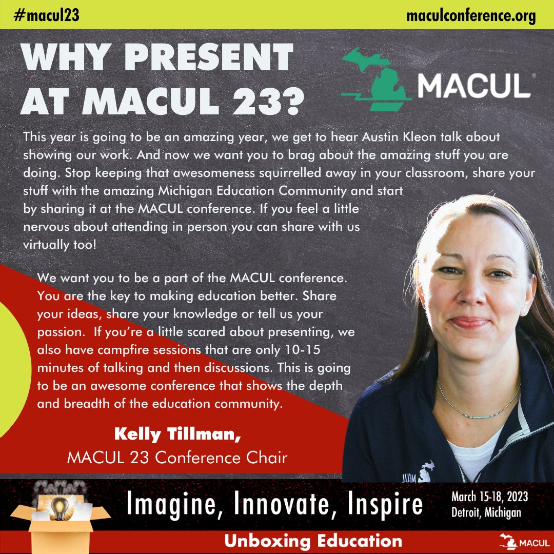 📣 WHY PRESENT AT #MACUL23?  Let's hear from Conference Chair, <a href="/tillmankelly99/">Kelly Tillman</a>! 📣
"This year is going to be an amazing year, we get to hear <a href="/austinkleon/">Austin Kleon</a> talk about showing our work. And now we want you to brag about the amazing stuff you are doing!"