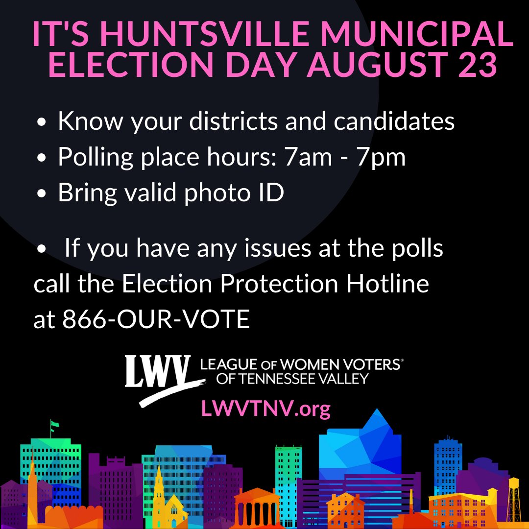 🚨HUNTSVILLE! It's Election Day!

Voters in Huntsville Districts 2, 3 &amp; 4 are voting for city council and school board.

Bring valid photo ID.
Polls open 7am-7pm.
Check voter status, districts, polling place at MyInfo.AlabamaVotes.gov

Issues at the polls? Call <a href="/866OURVOTE/">Election Protection</a>