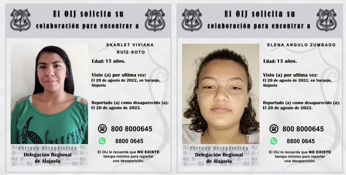 Muy preocupante, desde el 20 de agosto estas 5 mujeres de Naranjo menores de edad están desaparecidas. Comparto la información y les invito a compartirla también. 😔🙏