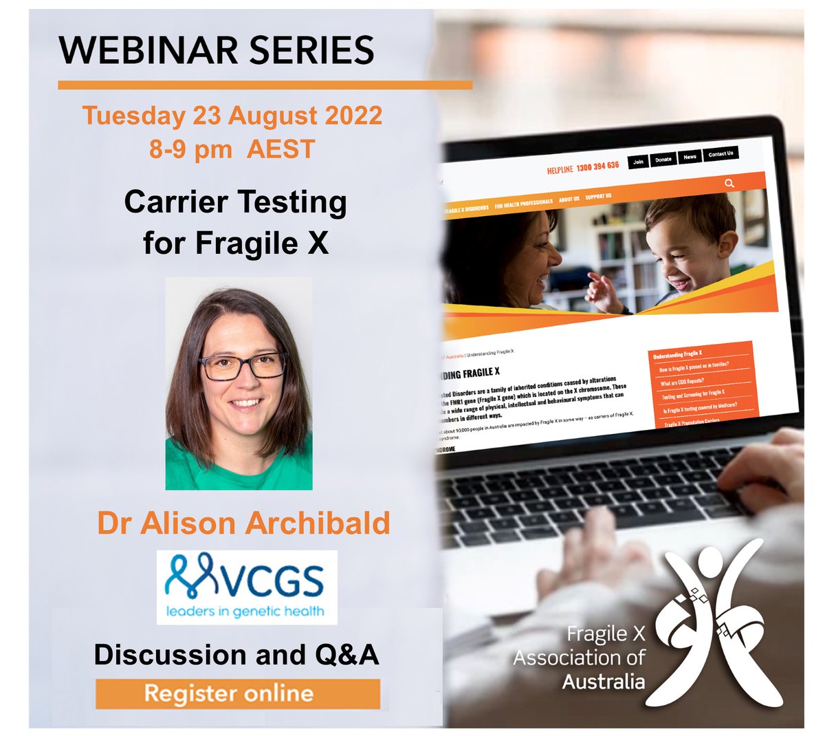 FragileXAus's tweet photo. Carrier testing for #fragilex #SMA #cysticfibrosis will be Medicare-funded from late 2023. 
Tonight #geneticcounsellor Dr Ali Archibald on what we need to know about #carriertesting for FX.
Join Live/watch Later https://t.co/K1P4u6AOmH
@TeamVCGS https://t.co/bwSHIW9yZZ