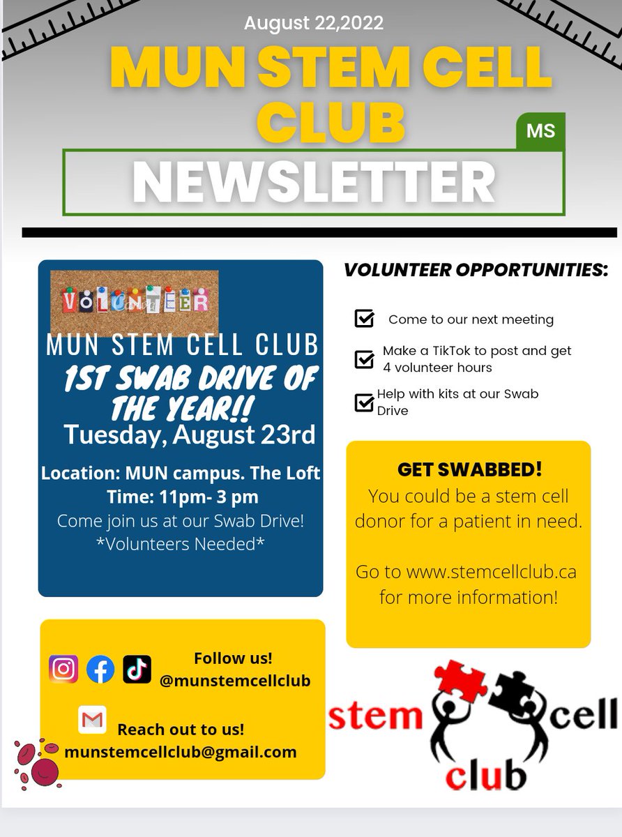 MunStemCellClub's tweet photo. We are having our first swab drive TOMORROW from 11-3 in the MUN Loft. Come by and recieve a take-home swab kit and learn about how you could potentially save a life!!

If you're interested volunteering at this event, email us at munstemcellclub@gmail.com or pop by to say hi! https://t.co/06GK6ti4XS