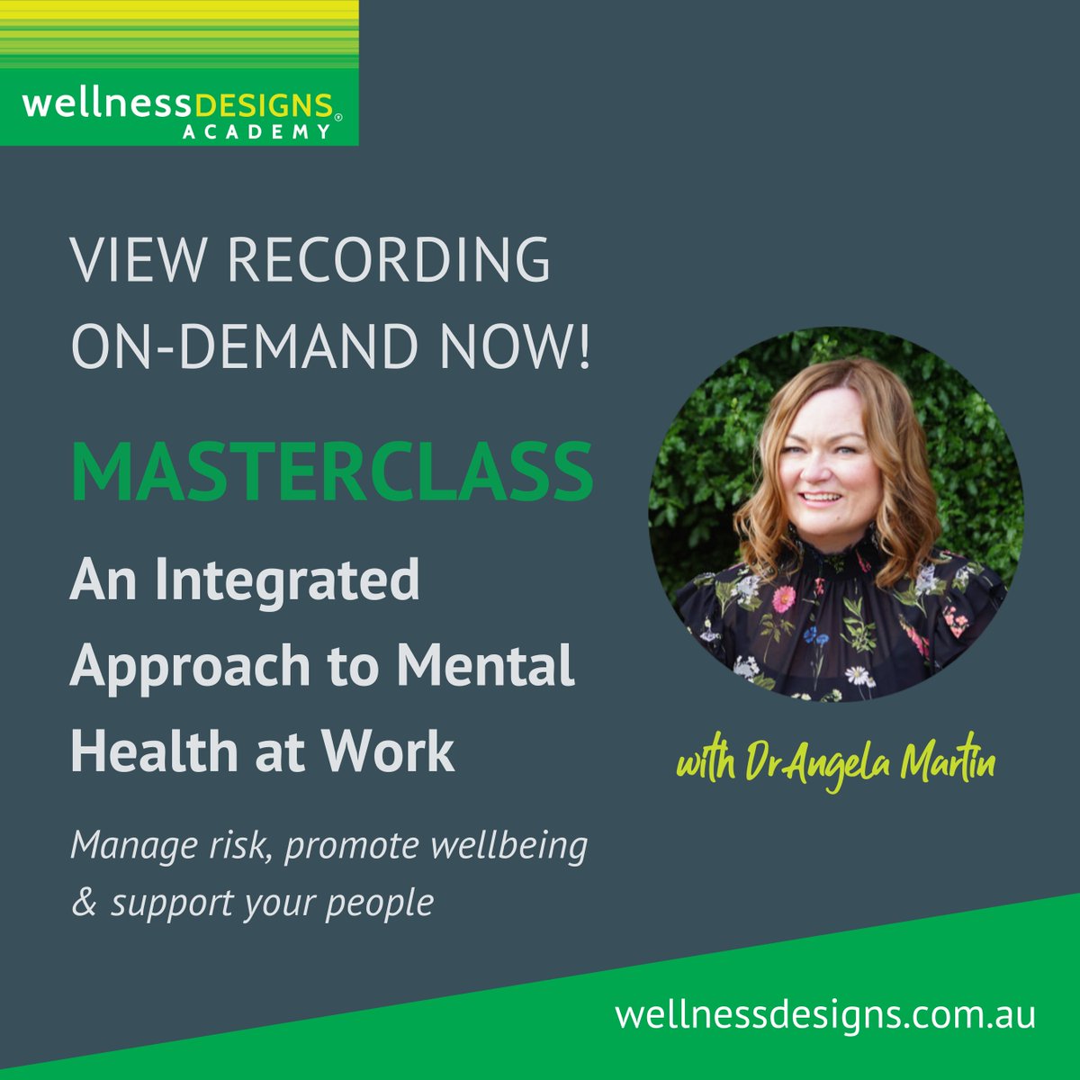 wellnessdesigns's tweet photo. Did you miss last week's 3 hour skills-based Masterclass with Dr Angela Martin? Good news!
The recording is now available in #TheHub - Australasia's first knowledge centre for workforce wellness. Unlock along with 300+ tools &amp; resources from AU$45/mo https://t.co/TfHKHvQkEN https://t.co/bhBFuXpVly
