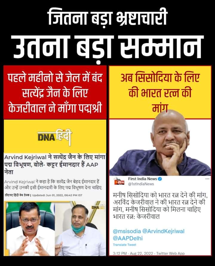 जितना बड़ा भ्रष्टाचारी, उतना बड़ा सम्मान- शर्म करो केजरीवाल।