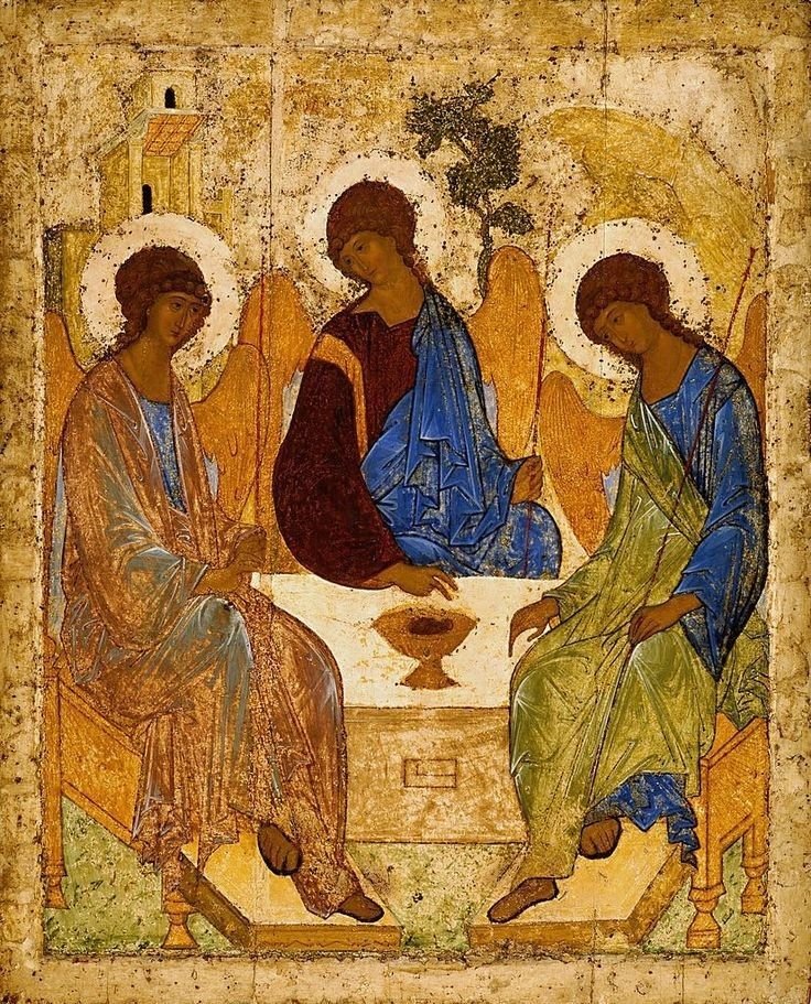 VozdAugustus's tweet photo. Saint Andrei Rublev's most famous icon is the "Hospitality of Abraham" or "Holy Trinity".

As we approach its hagiography, we are made aware of a Mystery. 
From left to right: the Father, the Son and the Holy Spirit. 🧵on the symbolic language embedded in its theological imagery. https://t.co/tvBRx9RYdk