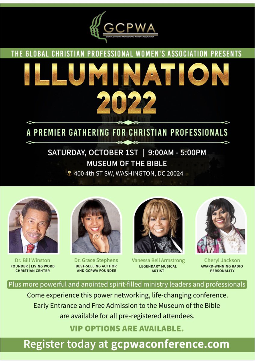 CJacksonEnt's tweet image. Join me @gcpwa Saturday, October 1st at the @museumofbible speakers include @drbillwinston @drgracestephens musical guest  @dr_vanessabellarmst Register at gcpwaconference.com #christianprofessionalwomen #christianprofessionals #powernetworking #lifechanging #kingdombuilding