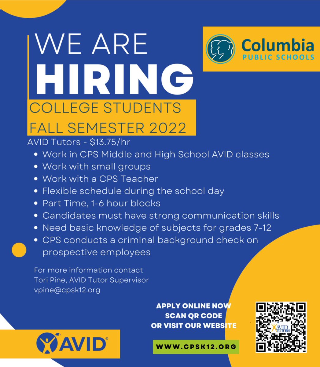 Join our AVID Family by becoming an AVID Tutor. You WILL make a difference in the lives of many students. @CPSAVID @ToriPineMVP <a href="/MadameTesoro/">Katerina Tesoro, EdD</a> <a href="/melitaj2/">melita walker</a> <a href="/CourtneyRae0524/">66 Evil Steaze</a> <a href="/MrSmithCPS/">Trevor Smith</a> <a href="/AVIDWMS/">WMS AVID</a>