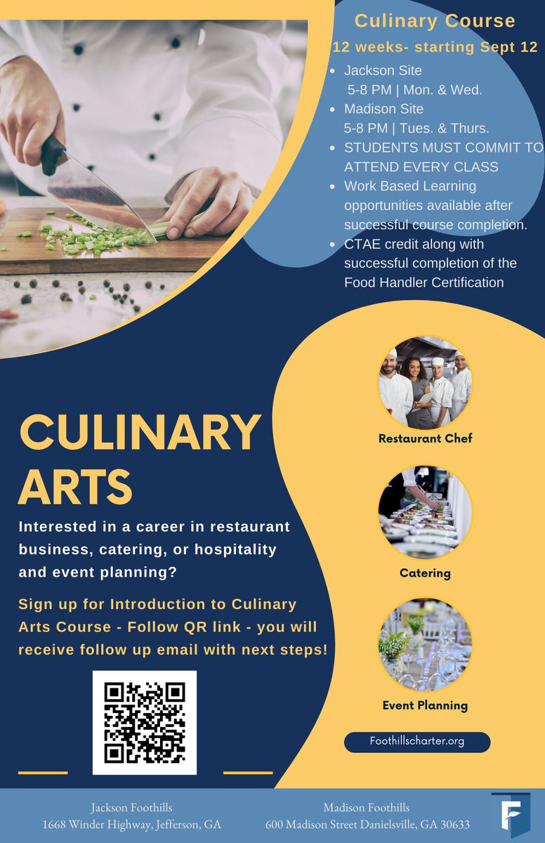 Have an interest in cooking and food service? Culinary will be offered in Jackson and Madison Foothills starting in September!