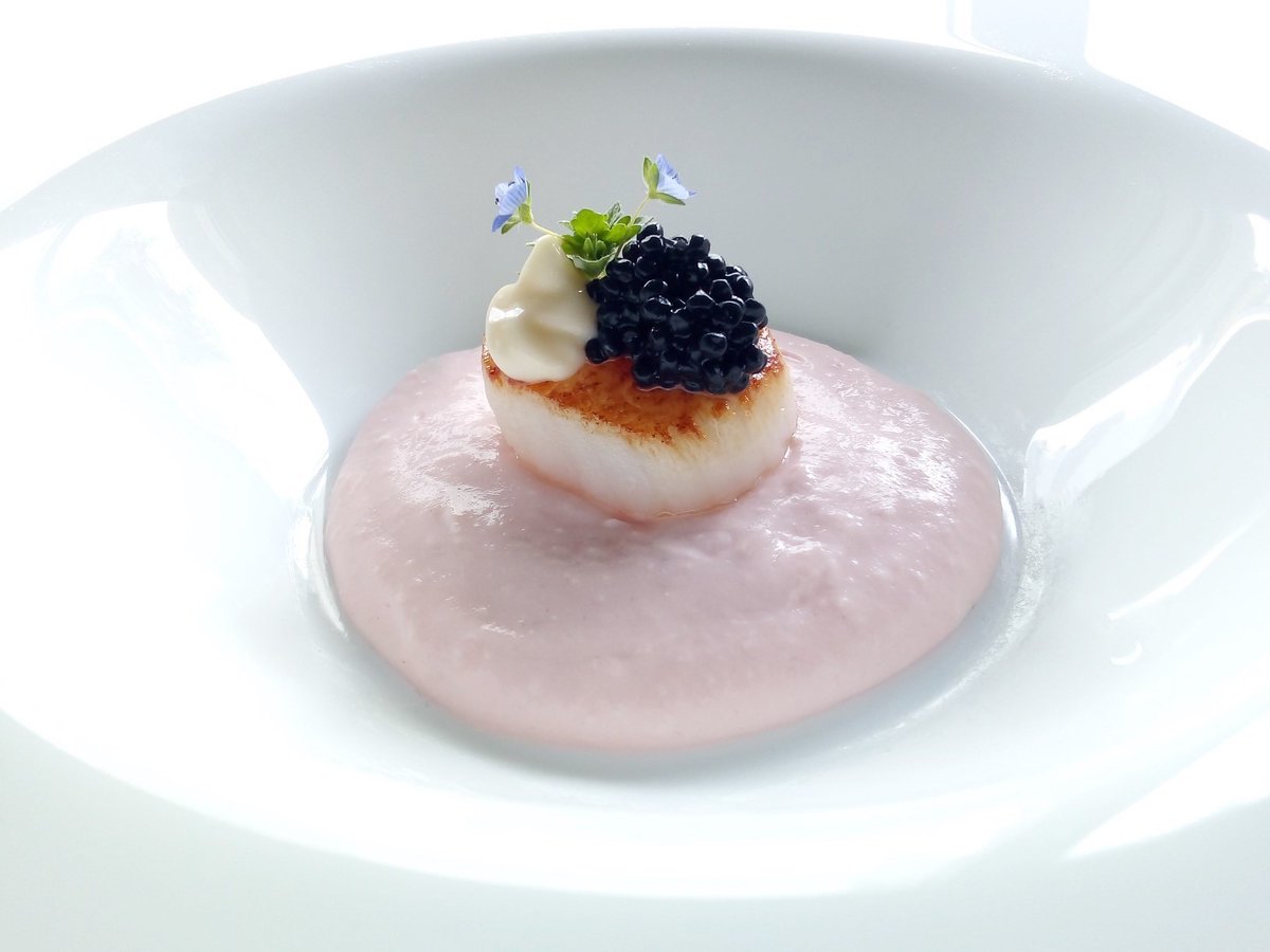 AdolfoRoma6's tweet photo. Amuse bouche: Seared scallop, lemon mayonnaise, rhubarbe and pear puree https://t.co/59Sbq63832