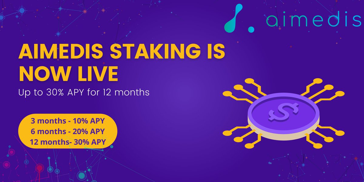 AimedisGlobal's tweet photo. Staking your $AIMX is one way to have your tokens working for you! 

3 months - 10% APY
6 months - 20% APY
12 months- 30% APY

Stake here: https://t.co/qIP7XLe2Hp 

#Aimedis #MedTwitter #healthtech https://t.co/I6ObmoSZ13