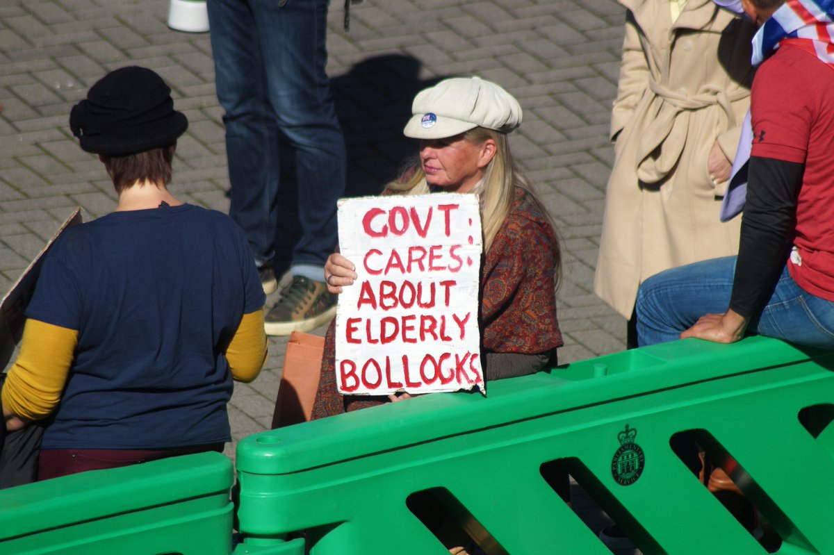 Amidst the anger outside Parliament, one brave counterprotestor bravely pays tribute to the Beehive's efforts to preserve the testicular health of our senior citizens