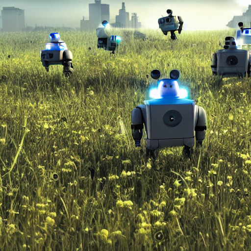 devitt's tweet photo. #stablediffusion "a swarm of robots in a meadow, cyberpunk" https://t.co/9st5luq1Wk