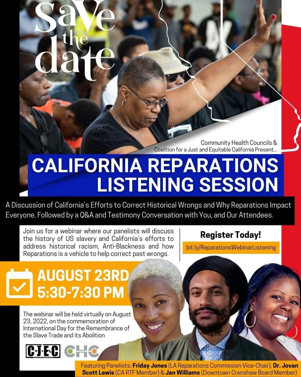 cjecofficial's tweet photo. Tomorrow! #CJEC &amp; #CHC join forces for an official California #Reparations Webinar &amp; Listening Session (virtual)! Tuesday Aug 23rd 5:30 pm - 7:30 pm! 

Register: https://t.co/RIR3IfxJ6Q

#cjec #chc #Reparations #AB3121 
#CaliforniaReparations #Freedmen #ReparationsNow #CRTF https://t.co/X0Opu8m4uj