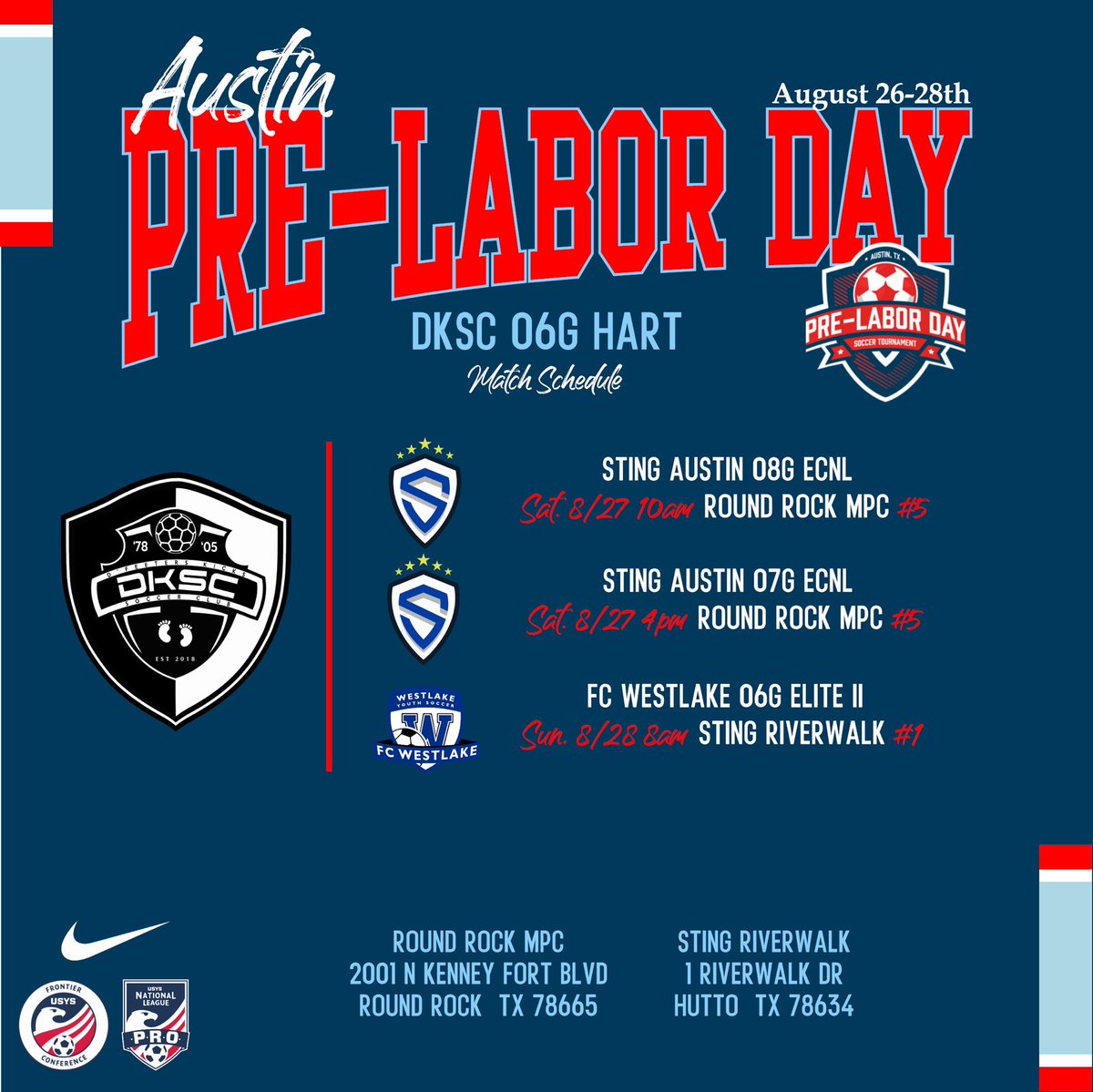stingblk06ghart's tweet photo. Our final pre-season stop takes us down I-35 to Austin for the @premiersoccertournamentseries Austin Pre-Labor Day Tournament. Looking forward to good competition and another opportunity to grow collectively and individually. @DKSC_official #TheHartWay https://t.co/k61Put822w