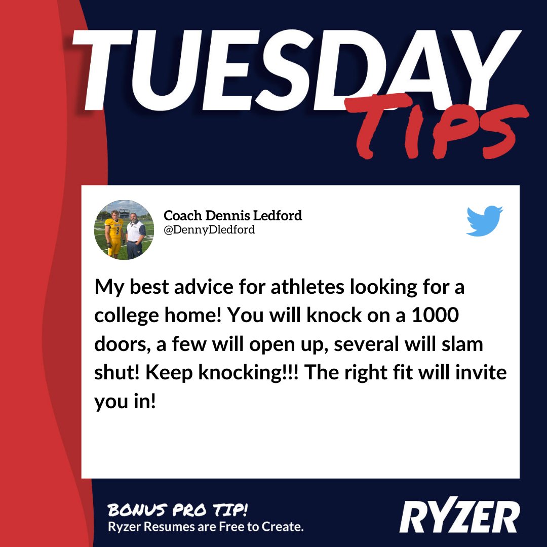 Ryzer's tweet photo. #TipTuesday You could be spending the next couple years of your life at this school, make sure its a great fit! Great advice @DennyDledford #RyzerRecruit #RyzerEvents #GetNoticed https://t.co/UHWjlFGvwX