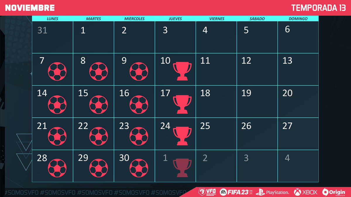 VFOspain's tweet image. 🚨CALENDARIO y HORARIOS Temporada 13 

🟠Jornada PC: 22:40
💻Horario Partidazo: 22:30

🟢Jornada XBOX: 23:00
💻Horario Partidazo: 23:00

🔵Jornada PSN: 23:20
💻Horario Partidazo: 23:30

#PartidazoVFO #somosVFO