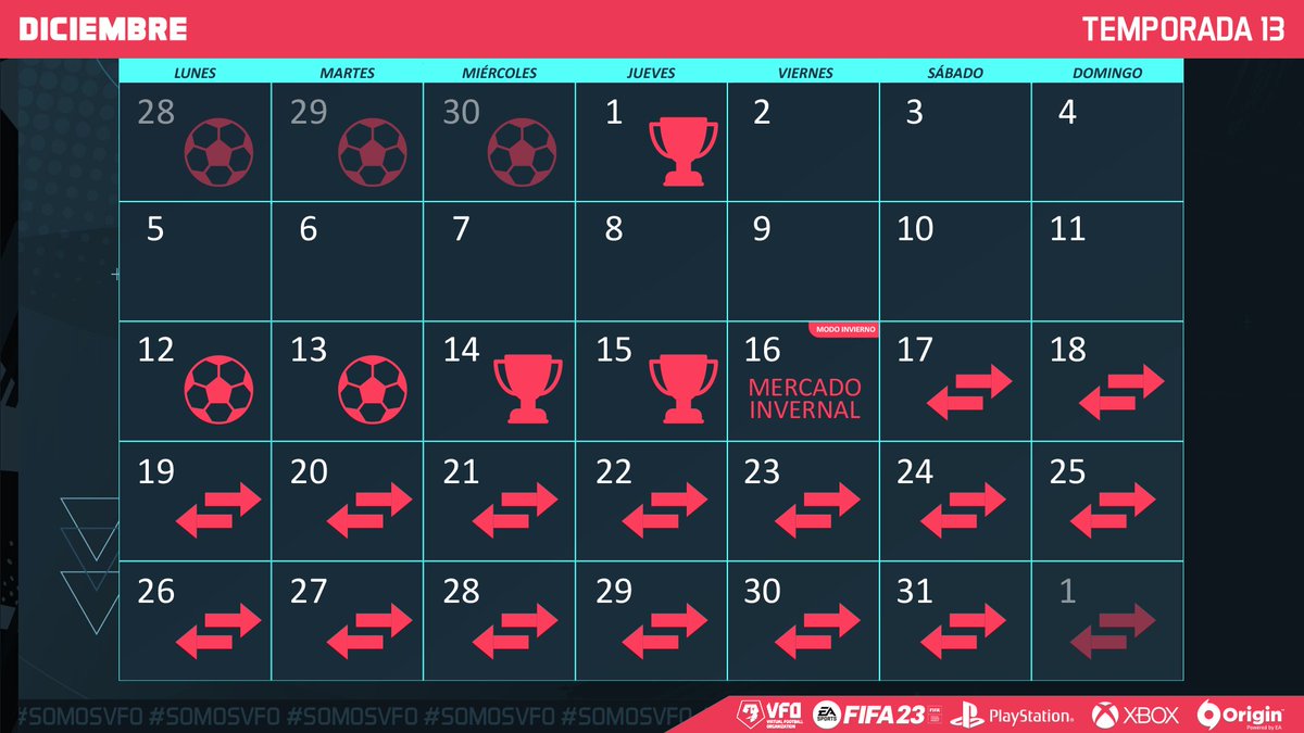 VFOspain's tweet image. 🚨CALENDARIO y HORARIOS Temporada 13 

🟠Jornada PC: 22:40
💻Horario Partidazo: 22:30

🟢Jornada XBOX: 23:00
💻Horario Partidazo: 23:00

🔵Jornada PSN: 23:20
💻Horario Partidazo: 23:30

#PartidazoVFO #somosVFO