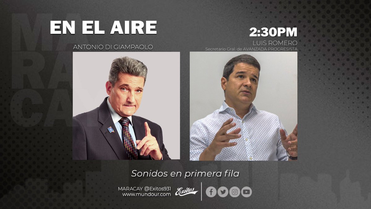 adigiampaolo's tweet photo. Esta tarde el diputado Luis Romero de @AProgresistaVE conversa sobre la actualidad politica en el #programaenelaire por @Exitos931 @luisromeroc https://t.co/WwXGxh3RWz