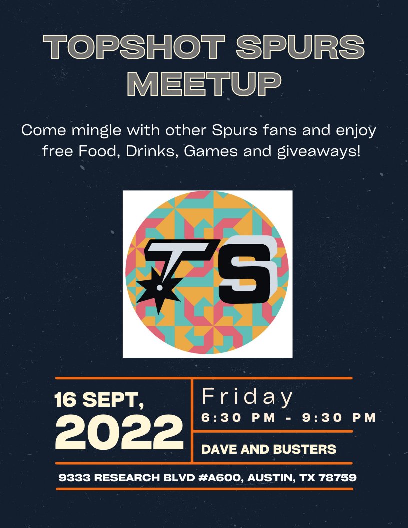 TopshotSpurs's tweet photo. We're running it back! This time in Austin!. Come join us at Dave and Busters Austin Location Friday September 16, 6:30 - 9:30 PM. Please RSVP in the google form below:
https://t.co/699VlWfeMU
#GoSpursGo #NBATopShot #SetUtility https://t.co/9dS8sQJbDr