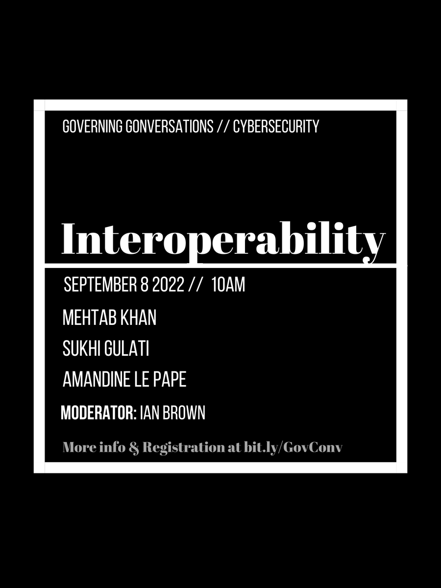 The Information Society Project (@yaleisp) on Twitter photo Join us for our final #GoverningConversations event: "Interoperability" with the fantastic <a href="/Mehtabkn/">Mehtab Khan</a>, <a href="/sukhigulati/">Sukhi</a> & <a href="/AmandineLePape/">Amandine Le Pape</a>, moderated by @1Br0wn!
Organized with <a href="/DigIntLab/">The Digital Interests Lab</a>, <a href="/CTS_FGV/">CTS-FGV</a> & <a href="/BricsCyber/">CyberBRICS</a>
Thursday, September 8 at 10am ET
Register: yale.zoom.us/webinar/regist… Join us for our final #GoverningConversations event: "Interoperability" with the fantastic <a href="/Mehtabkn/">Mehtab Khan</a>, <a href="/sukhigulati/">Sukhi</a> & <a href="/AmandineLePape/">Amandine Le Pape</a>, moderated by @1Br0wn!
Organized with <a href="/DigIntLab/">The Digital Interests Lab</a>, <a href="/CTS_FGV/">CTS-FGV</a> & <a href="/BricsCyber/">CyberBRICS</a>
Thursday, September 8 at 10am ET
Register: yale.zoom.us/webinar/regist…