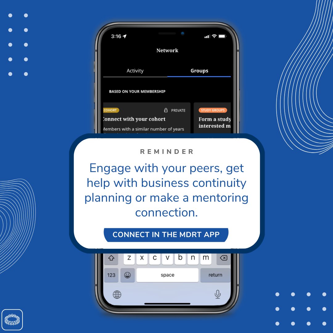MDRtweet's tweet photo. Connect with other MDRT members in the MDRT App by engaging with peer groups, getting help with business continuity planning, making a mentoring connection and more. Explore the Network section of the app here: https://t.co/MTgHLzlg8X https://t.co/zKc9Ty4l11