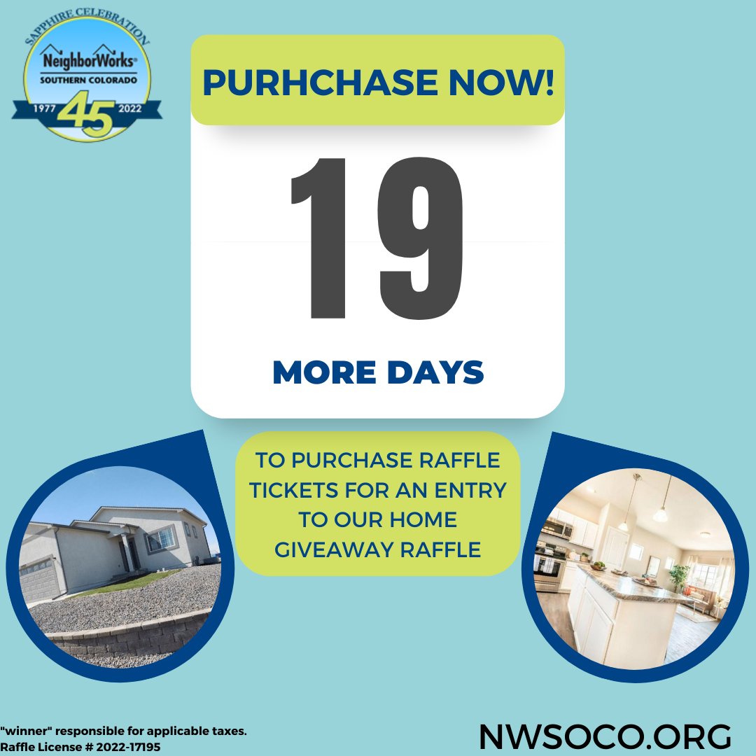 nwsoco's tweet image. No better time to buy your ticket than NOW!
Only 19 days left to purchase tickets to the home giveaway raffle! Visit our website below for more info and purchase your daily ticket!🤩🎟
nwsoco.org/sapphire-celeb…

#winthishouse #houseraffle #colorado #firsttimehomebuyer #housesearch