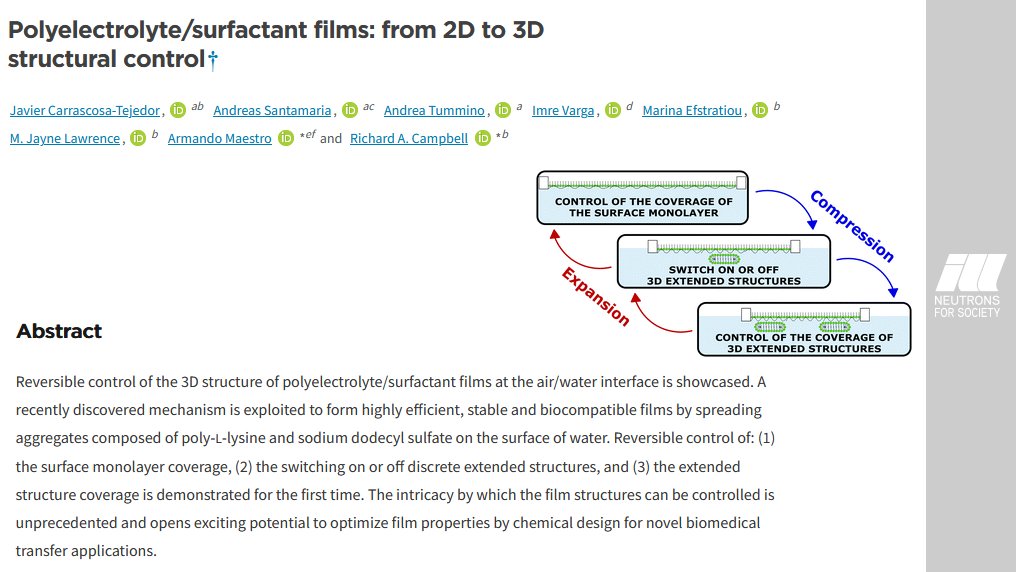 ILLGrenoble's tweet photo. Great 1st paper @j_carrascosa ๐๐ฝ๐๐ฝ๐๐ฝ
Revealing the structure of polyelectrolyte/surfactant films at the air/water interface - using the Lamgmuir through technique coupled with optical #ellipsometry and #neutron reflectometry ๐๐ฝ
โจ A #OpenAccess @ChemCommun article โจ https://t.co/eWFF1g1pFE