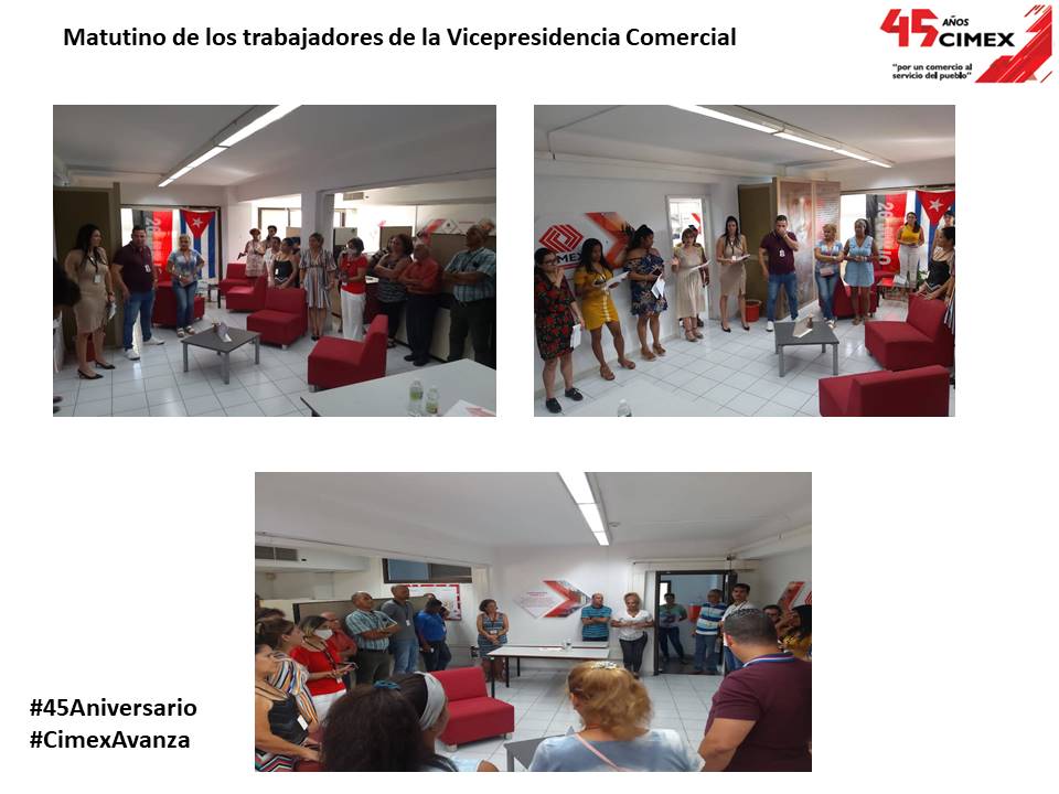 🇨🇺Realización del Matutino de la Vicepresidencia Comercial.
💬Se hizo especial enfásis en la importancia de la Comunicación Interna, la cual se pudo ejemplicar mediante el uso del buen humor.

#45Aniversario
#CimexAvanza
#PorUnComercioAlServicioDelPueblo