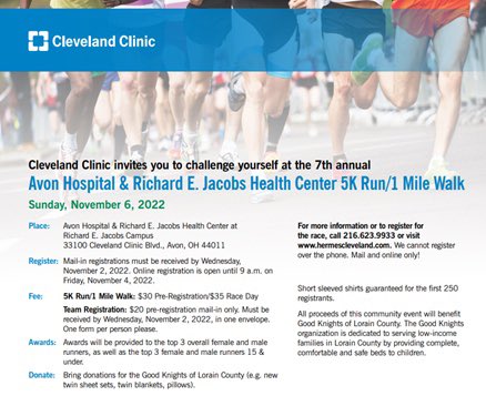 MStilgenbauer's tweet photo. Please join us for the 7th annual Avon Hospital &amp; Richard E. Jacobs Health Center 5K Run/1 Mile Walk on Sunday, November 6, 2022.
 
This year's beneficiary is the Good Knights of Lorain County. 
Please click the link to register!   
https://t.co/6KuIgHmX27. https://t.co/SM5XzfmU9M